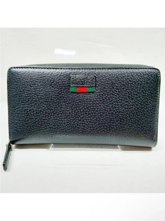 Gucci Agora Web Black Leather Long Zippy Wallet with Red & Green Sherry Line - Picture 1 of 15